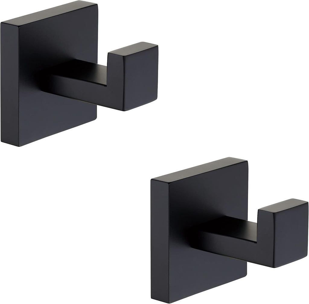 2 Pack Matte Black Bathroom Towel Hook Stainless Steel, Square Towel Robe Coat Hook Wall Mounted Toilet Kitchen Heavy Duty Door Hanger