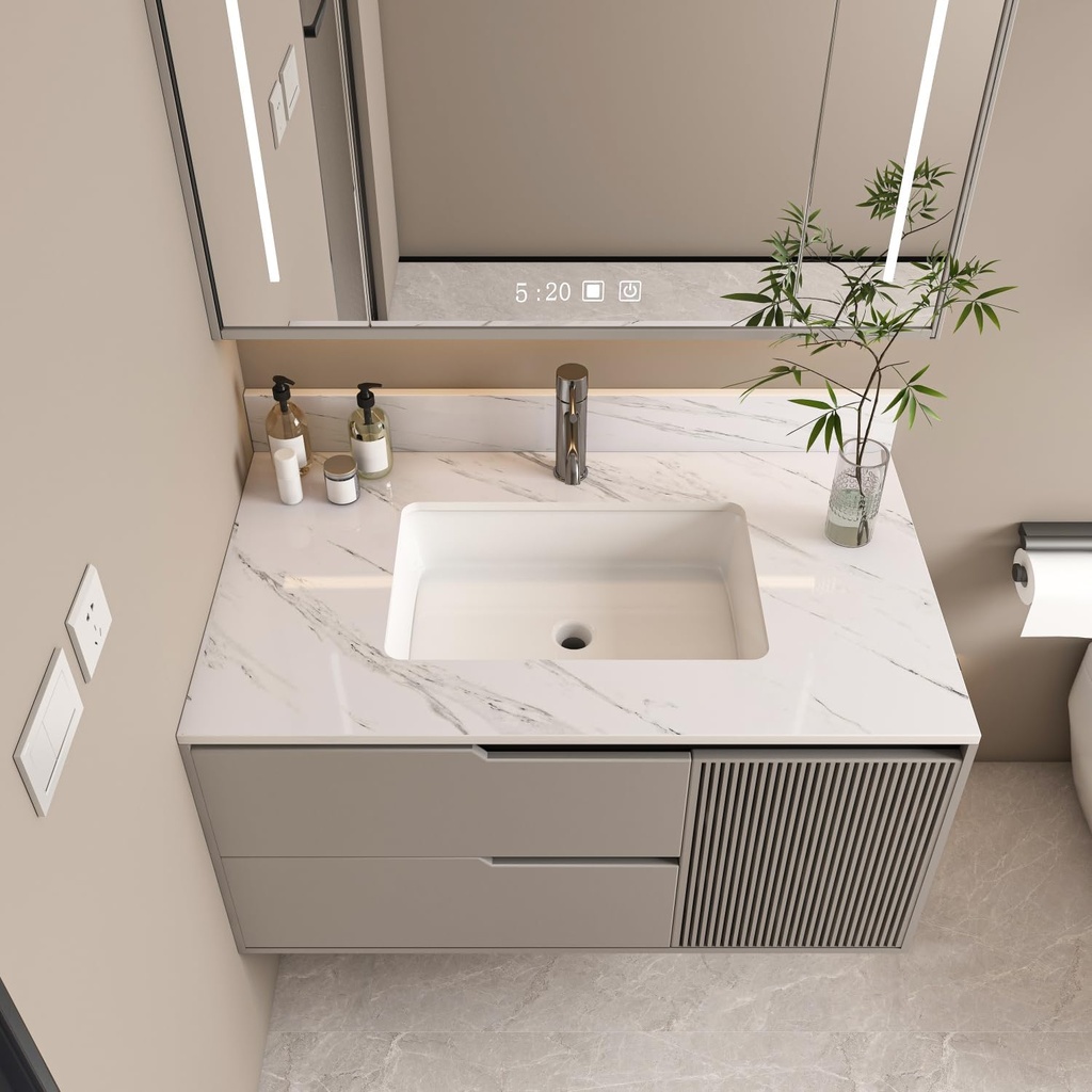 Leavader 37" Bathroom Vanity Top with Sink, Sintered Stone, Undermount, Modern, 1 Hole, Rectangular, Polished, Pop-Up Drain, Elegant White