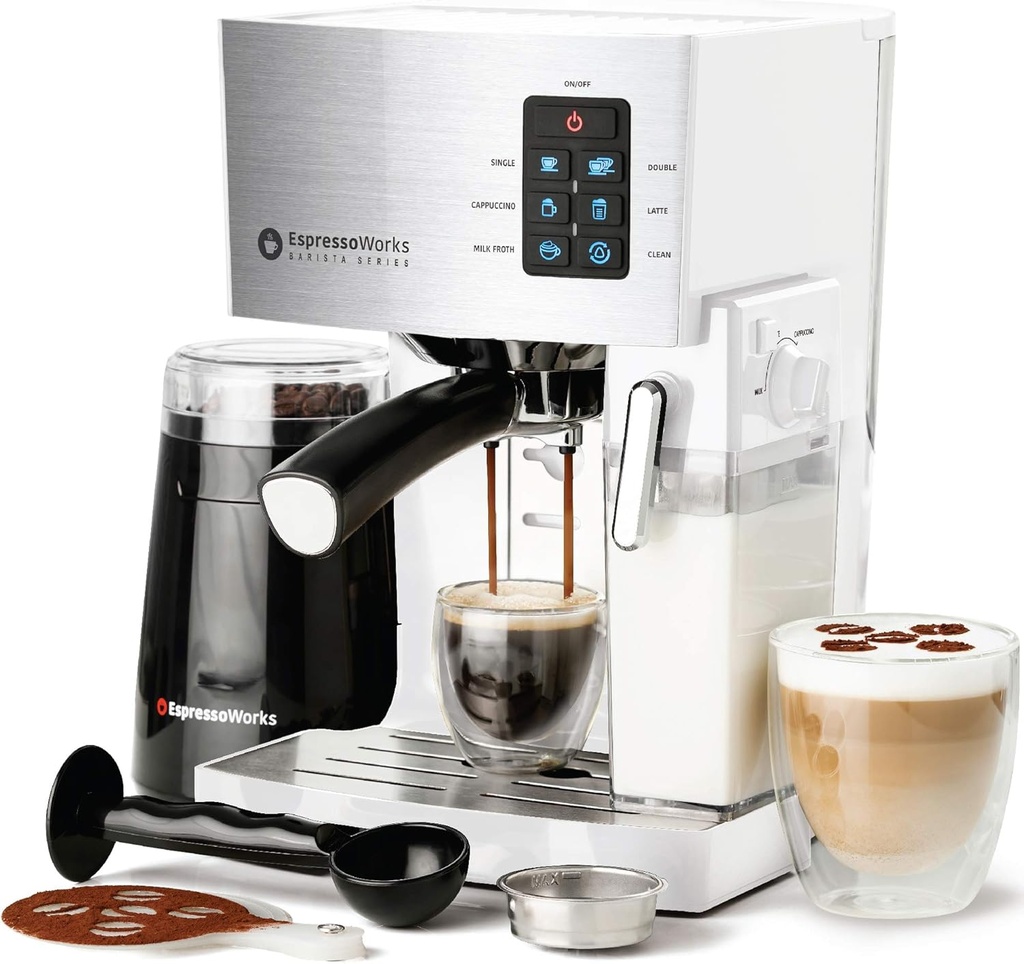 EspressoWorks 19-Bar Espresso, Latte and Cappuccino Maker 10-Piece Set - Brew Cappuccino and Latte with One Button - Espresso Machine with Milk Steamer 1250W - Coffee Gifts (White)