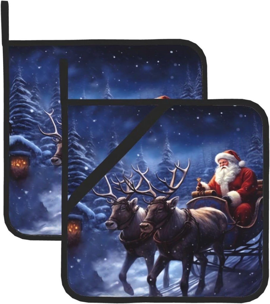 Pot Holders Heat Resistant Kitchen Potholder Non-Slip Cotton Lining Snow Night Santa and Deer Oven Hot Pads for Microwave Cooking Baking BBQ,Set of 2