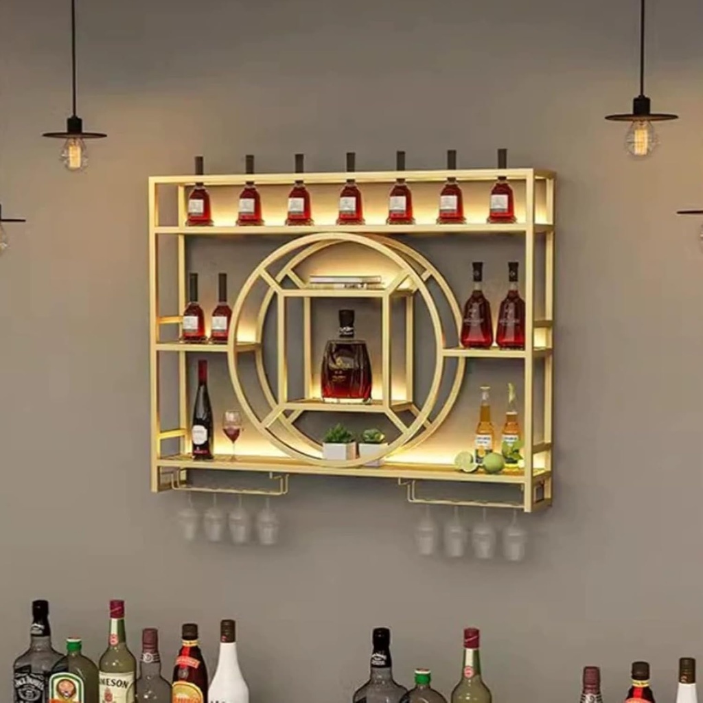 LED Lighted Metal Wine Rack Wall Mounted with Hanging Goblet Rack for Living Room Wine Cellar Gold Finish,Gold 31.5 * 7.9 * 39.4in