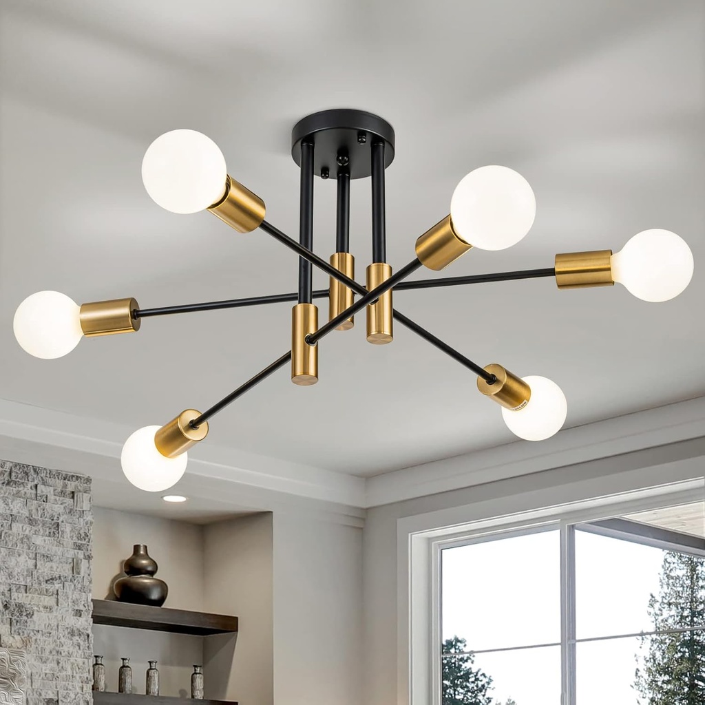 6-Light Modern Sputnik Chandeliers, Black Gold Semi Flush Mount Ceiling Light Fixture, Industrial Farmhouse Kitchen Lighting Fixtures Ceiling Mount for Living Room Bedroom