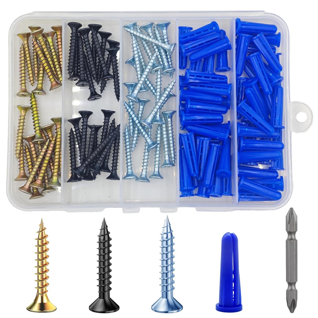 (120 PCS) Drywall Anchors Screws 8 Blue Wall Anchor Set 1/4. Three-Color Screws Make it Easy to Install Various Color Products