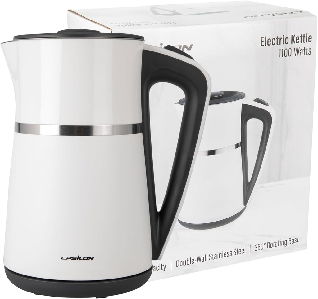Epsilon Double Wall Electric Kettle 1100W – 1.7L Hot Water Tea Kettle & Hot Water Boiler with Auto Shut-Off, Boil Dry Protection, BPA-Free Stainless Steel Electric Teapot, Fast Boil, Cool Touch Design