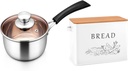 LIANYU 1QT Saucepan with Lid, Small Pot Milk Soup Pan, Long Heatproof Handle and White Bread Box with Bamboo Lid for Kitchen