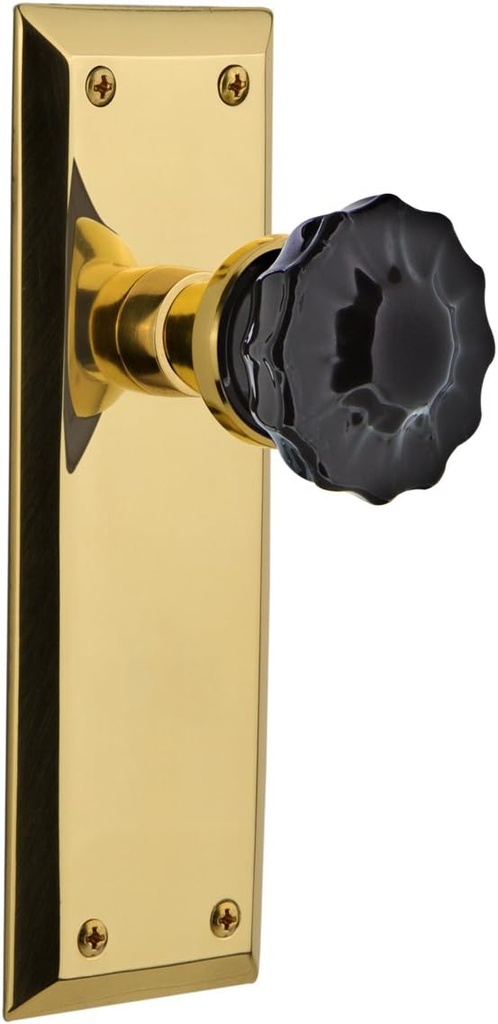 Nostalgic Warehouse 726946 New York Plate Single Dummy Crystal Black Glass Door Knob in Unlaquered Brass
