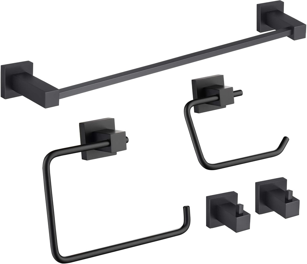 KIBI Cube Bathroom Hardware Set, 5-Piece Accessories Set | 18" Towel Bar, Towel Ring, Toilet Paper Holder, 2 Robe Hooks | Solid Brass Wall Mounted Bathroom Fixtures | Matte Black, C-KBA15-5-4