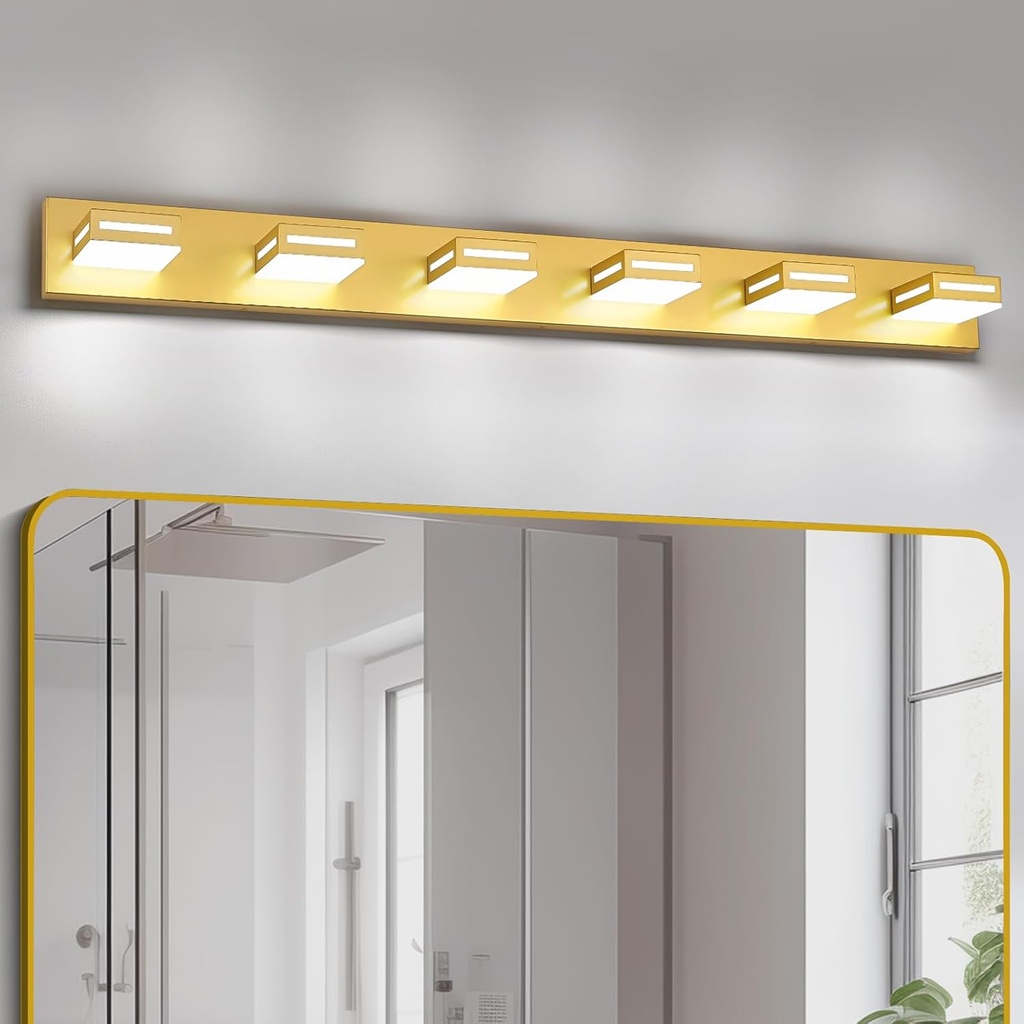48-Inch 6-Light LED Modern Gold Bathroom Vanity Light Fixtures Over Mirror, Bathroom Lighting Fixtures with Cool White 6000K, Vanity Wall Lights for Bath Restroom Powder Room