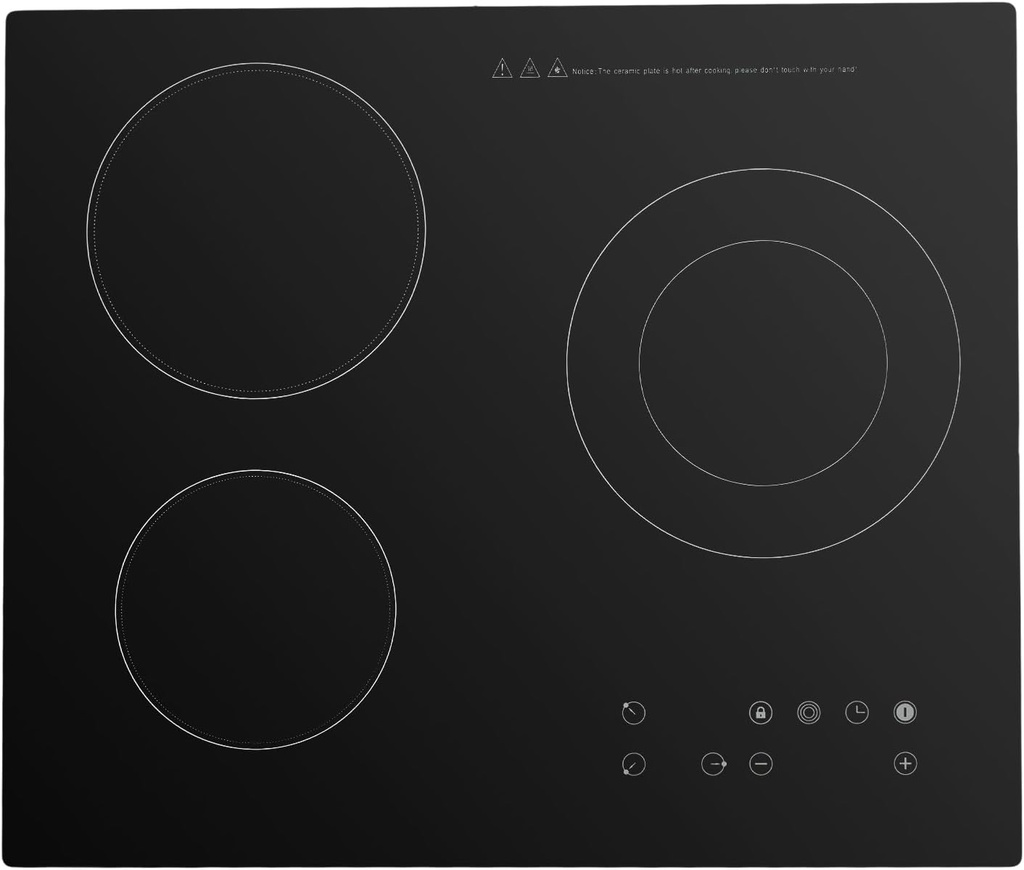 3 Burner Electric Cooktop, 2600W 110V Built-in Countertop Electric Stove Top, Knob Control Ceramic Cooktop with Glass Protection Metal Frame, 9 Heating Level, Compatible with All Cookware