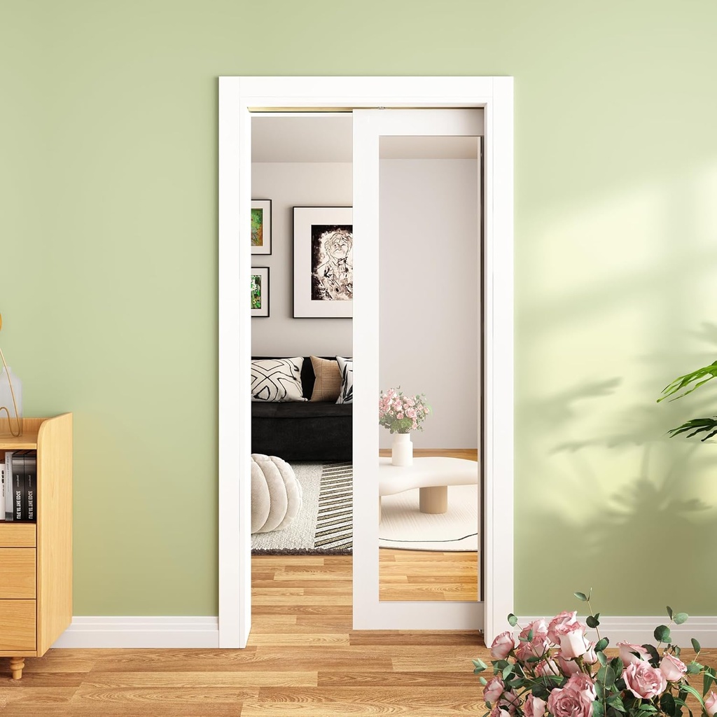 JUBEST Pocket Door 32"x80", 1-Panel Mirrored Sliding Pocket Door with Soft Close Hardware Kit, Sturdy Solid Wood & MDF with Water-Proof PVC Surface, No Assembly Required, White