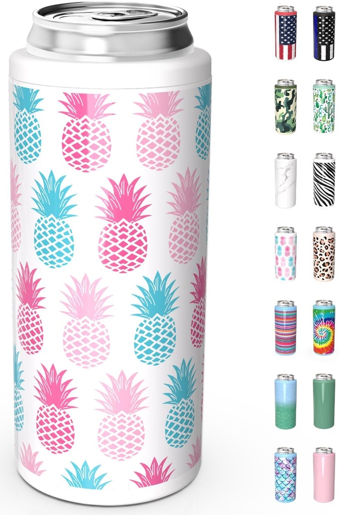 TILUCK Skinny Can Cooler for Slim Beer & Hard Seltzer, Stainless Steel, Doucle-Walled Stainless Steel Insulated Slim Cans, Standard 12 oz (Pineapple 01)