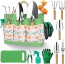 Gardening Tools 10-Piece Heavy Duty Stainless Steel Hand Tools with Durable Garden Tools Storage Tote,Rust-Proof Garden Tool Set, Ideal Gardening Gifts for Women Yellow Floral Pattern Design