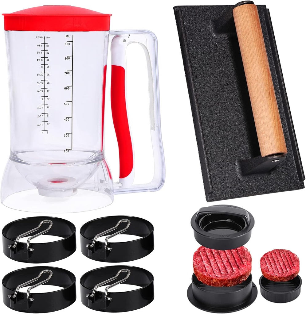 Breakfast Kit for Blackstone Grill, 7 Piece Griddle Accessories Set - Including Pancake Batter Dispenser, Bacon Press, Egg Rings, Hamburger Press Patty Maker