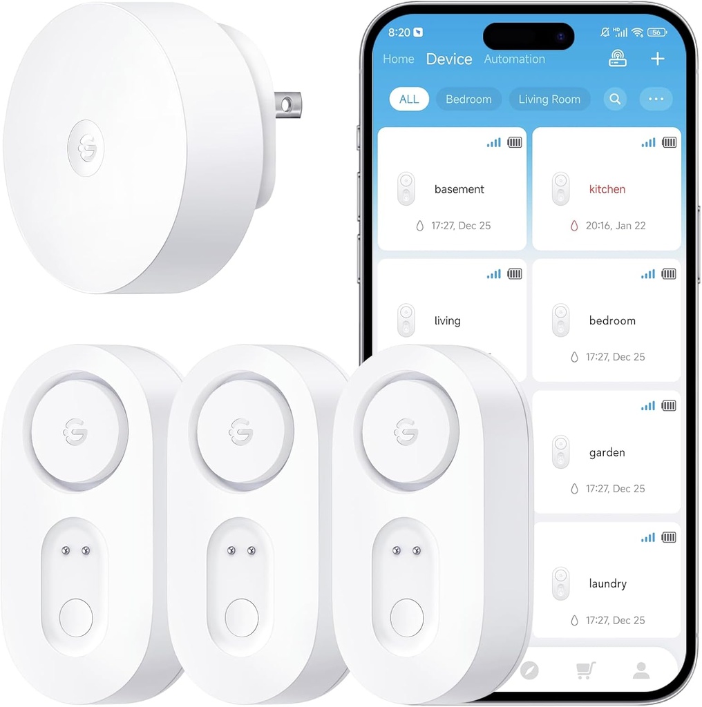 GoveeLife Upgraded Smart Water Leak Detector 1s with 1804ft Ultra-Long Range, WiFi Water Sensor with SMS/Email/APP Push and Sound Alarm, 5-Year Battery Life, Suit for Home, Basement, Kitchen, 3 Pack