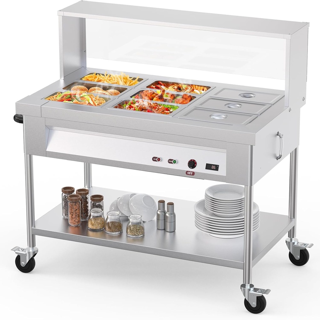 72QT Electric Commercial Food Warmer, 9x8QT Steam Table Stainless Steel Bain Marie w/Acrylic Shield Overshelf Undershelf Temperature Control & Lid for Buffet Party Restaurant 1500W 110V