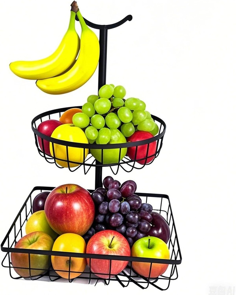 Fruit Basket 2 Tiers Detachable Hook for Kitchen Counter Storage Organizer with Banana Hook, Extra Large Fruit Bowl with Banana Holder and Veggie Tray, Snack Hanging Wire Basket