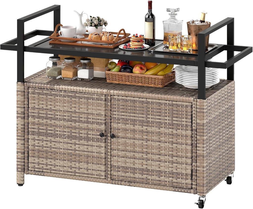 DWVO XL Outdoor Storage Cabinet,Patio Storage Table with Glass Top, Bar Table with Wheels,Outdoor Bar Cart for Patio, Poolside and Backyard,Light Brown
