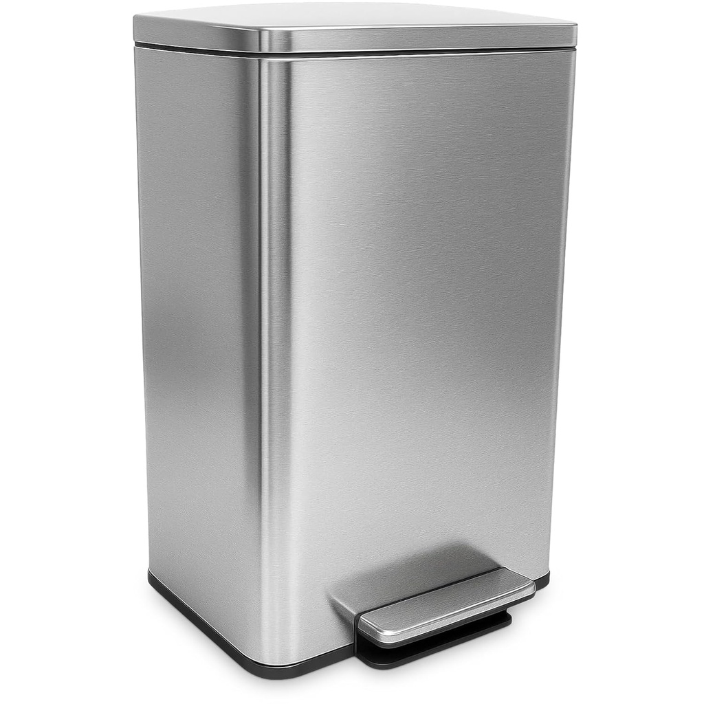 SIMPLI-MAGIC 50 Liter / 13.2 Gallon Soft-Close, Smudge Resistant Trash Can with Foot Pedal and Built in Filter- Stainless Steel, Sleek Finish