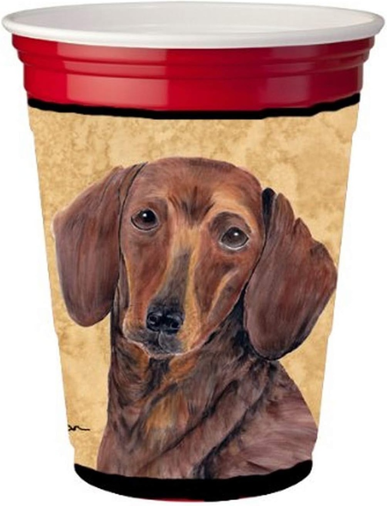 Caroline's Treasures SC9137RSC Dachshund Red Cup Hugger Cup Cooler Sleeve Hugger Machine Washable Drink Sleeve Hugger Collapsible Insulator Beverage Insulated Holder