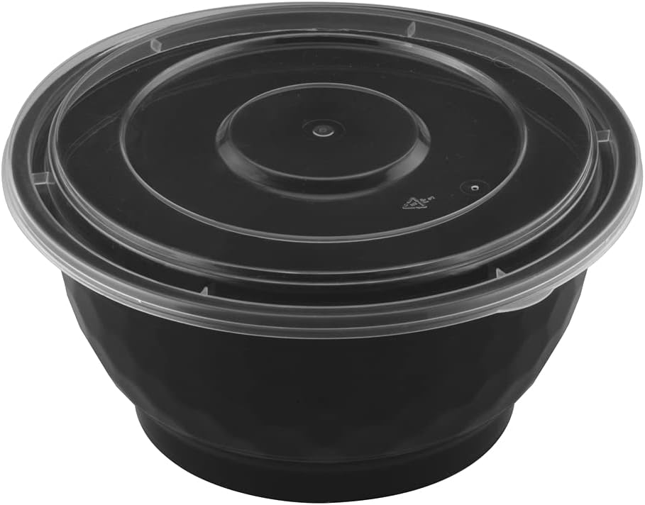 TIYA Food Bowls - Black Plastic To-Go Containers - Reusable, Microwavable, Dishwasher Safe - Leak-Resistant for Soups & Meal Prep (42 oz Bulk 120 Pack with Clear Lids) - BPA-Free