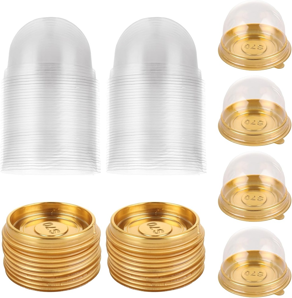 RHBLME Gold Mini Dessert Containers, 300 Pack Clear Plastic Mini Cake Boxes with Dome Lids, 3" x 2" Size, Cupcake, Cheesecake, Cookie Containers