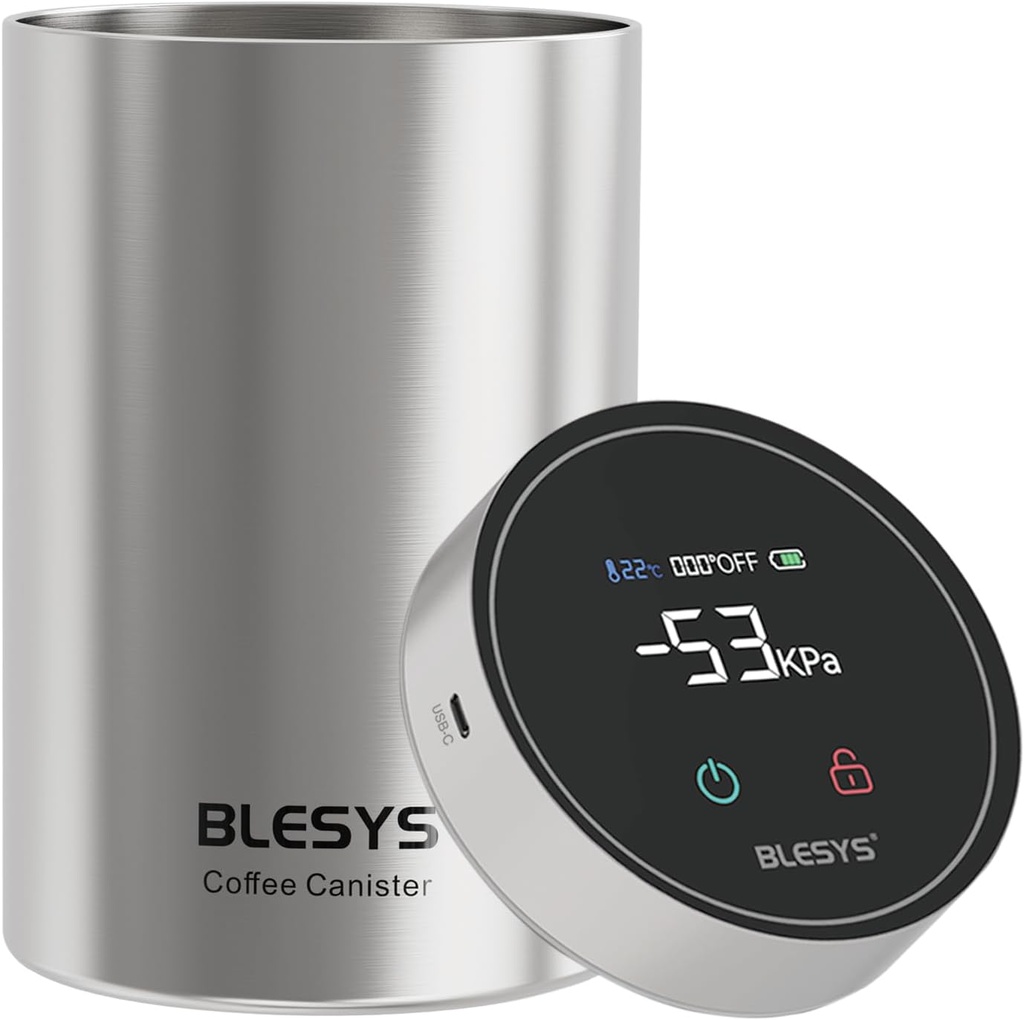 Smart Vacuum Coffee Canister, 1.8L Automatic Stainless Steel Food Storage Container, LCD Monitoring, One-touch Freshness, Keep Pressure, Date Tracker, Extra-long Standby Time, holds 20oz Coffee Beans