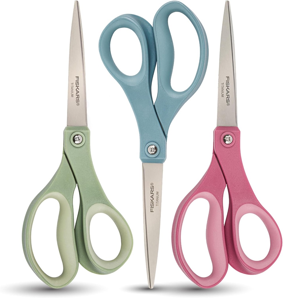 Fiskars SoftGrip Titanium Scissors - Contoured Performance All Purpose - 8" Titanium - Straight Paper Scissors for Office, and Arts and Crafts - 3-Count