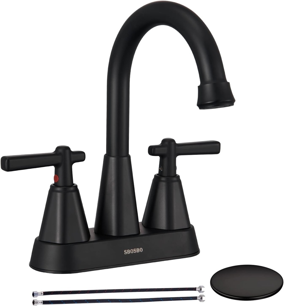 Matte Black Bathroom Sink Faucet, SBOSBO 4 Inch Bathroom Faucet for Sink 3 Hole, 2 Handle Centerset with Pop Up Drain Assembly and 2 Water Supply Hoses for RV Vanity