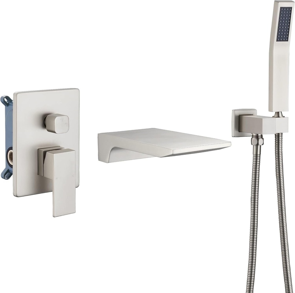 DASAN Waterfall Tub Filler Faucet Wall Mount with Hand Shower, Modern Wall Mounted Bathtub Faucet Brushed Nickel Tub Faucet with High Flow Rough in Valve, SA-TF01WH-BN