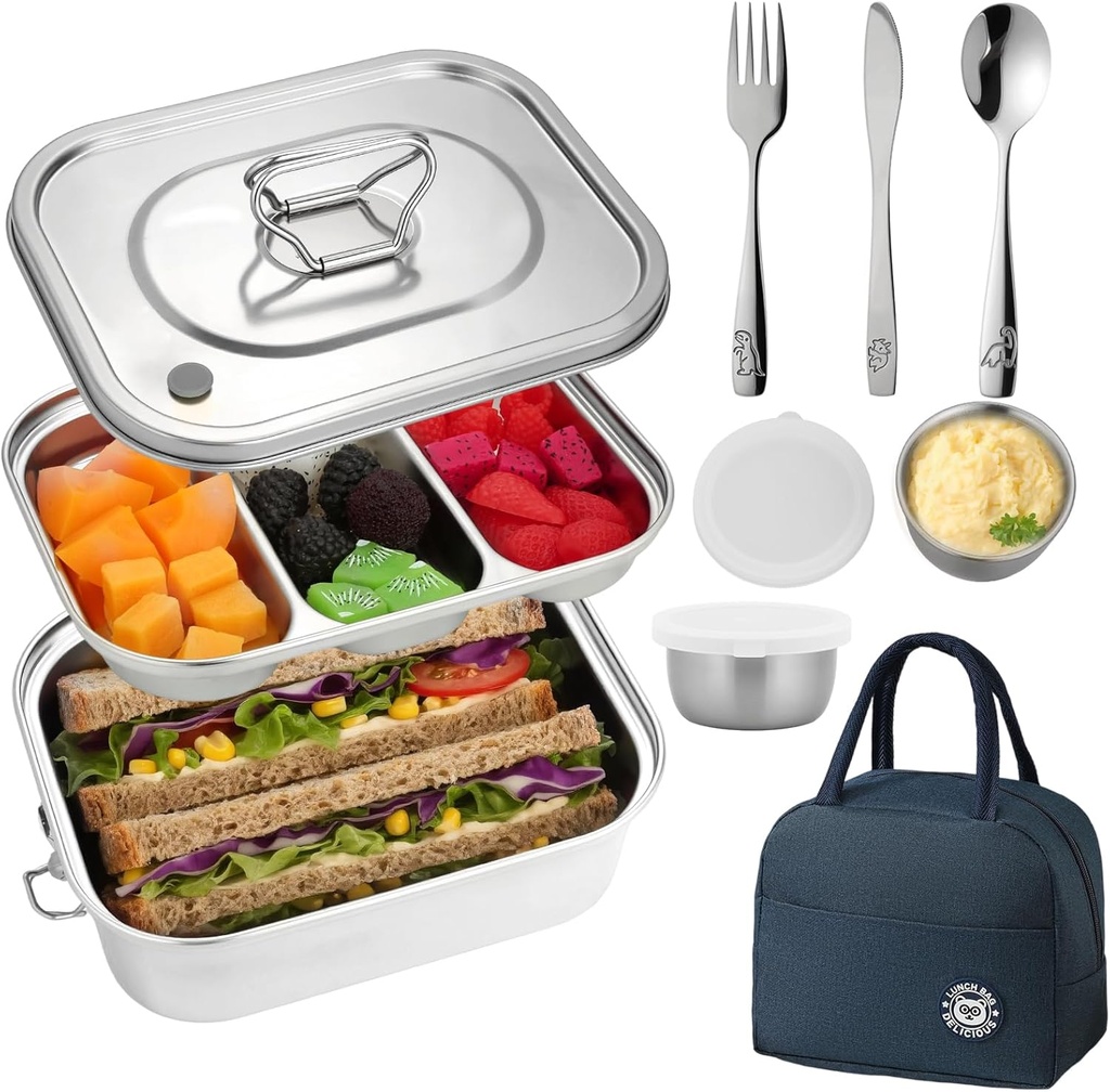 304 Stainless Steel Bento Box Leakproof 3-Compartment Tray,Stainless Steel Lunch Box with Utensil Set Sauce Cups and Lunch Bag for Adults Men Women