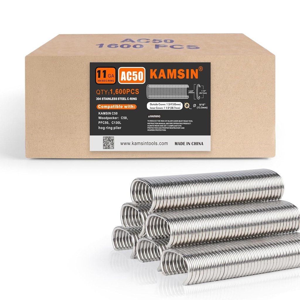 C-50 11 Gauge 304 Stainless Steel Hog Rings 1-1/2-Inch Crown C Ring Staples Hog Ring Staples C Rings for Fencing Closure 1,600 PCS/Box