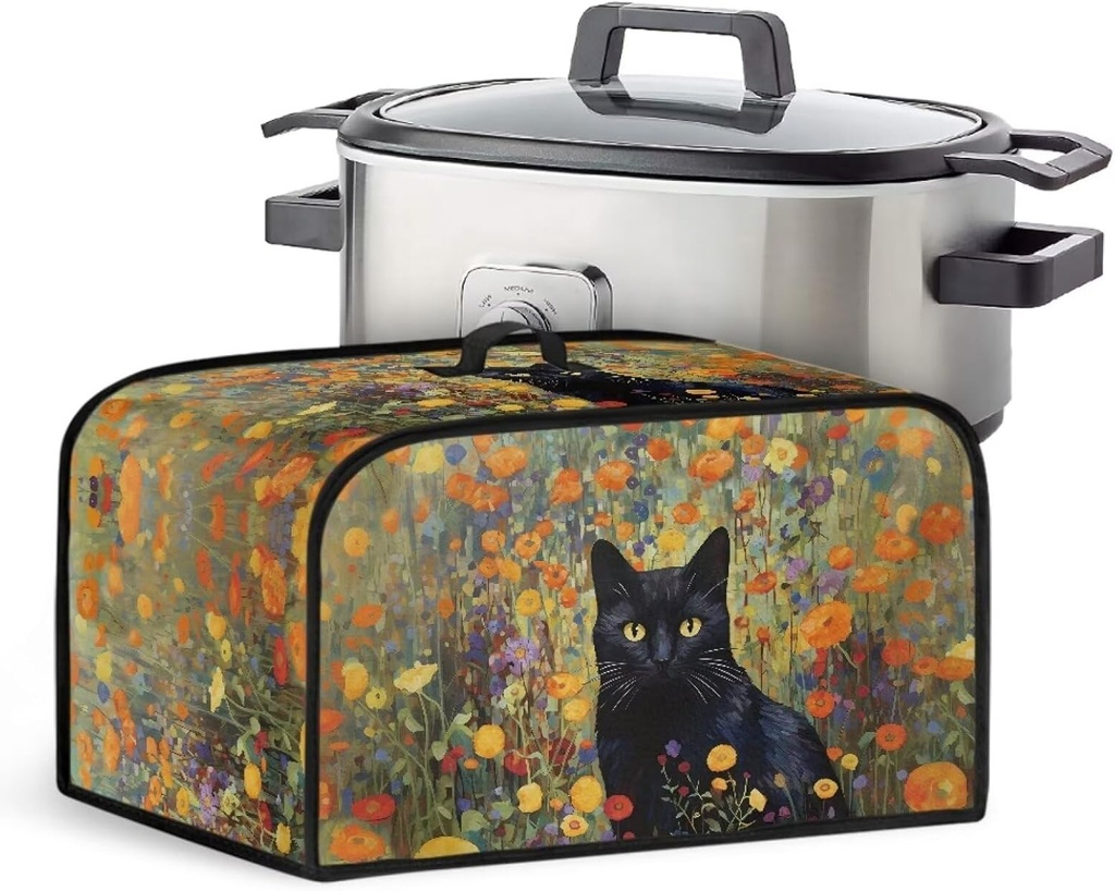 Slow Cooker Cover Stain Resistant Slow Cooker for Crock Pot Protection Cover with Top Handle and Side Pockets Kitchen Appliance Accessories Universal Fit Size, Black Cats Floral