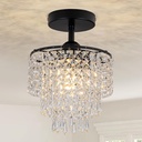 8" Black Chandelier 3-Tier Crystal Raindrop Flush Mount Ceiling Light Fixture Mini Chandelier Light for Bedroom Kitchen Hallway Bathroom Closet (Black)