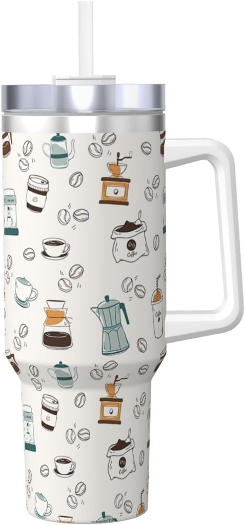 Coffee Pattern 40 Oz Tumbler With Handle And Straw Lid, Insulated Reusable Stainless Steel Travel Mug Iced Tea Or Coffee, Smoothie And More