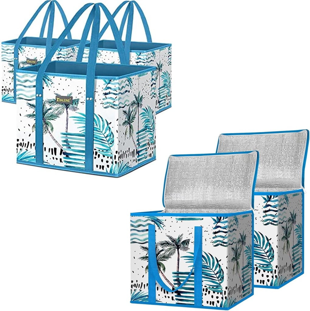 BALEINE 3Pk Reusable Grocery Bags + 2Pk Insulated Reusable Grocery Bags