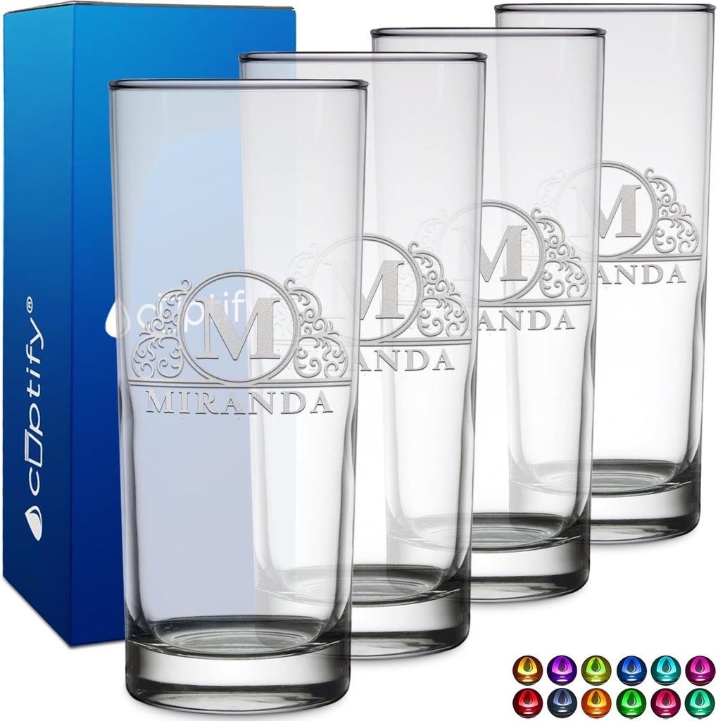 Personalized Highball Glasses Set of 4 Engraved 10.5 oz Tall Collins Glass, Straight up Mixed Drink Cocktail, Custom Drinking Gift for Birthdays, Weddings, Mother’s Day & More