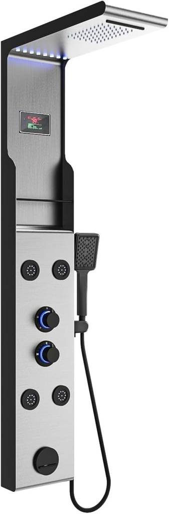 ELLO&ALLO LED Rainfall Shower Head and Rain Massage System with Body Jets Stainless Steel Bathroom Shower Panel Tower System with Shelf, Brushed Nickel&Black