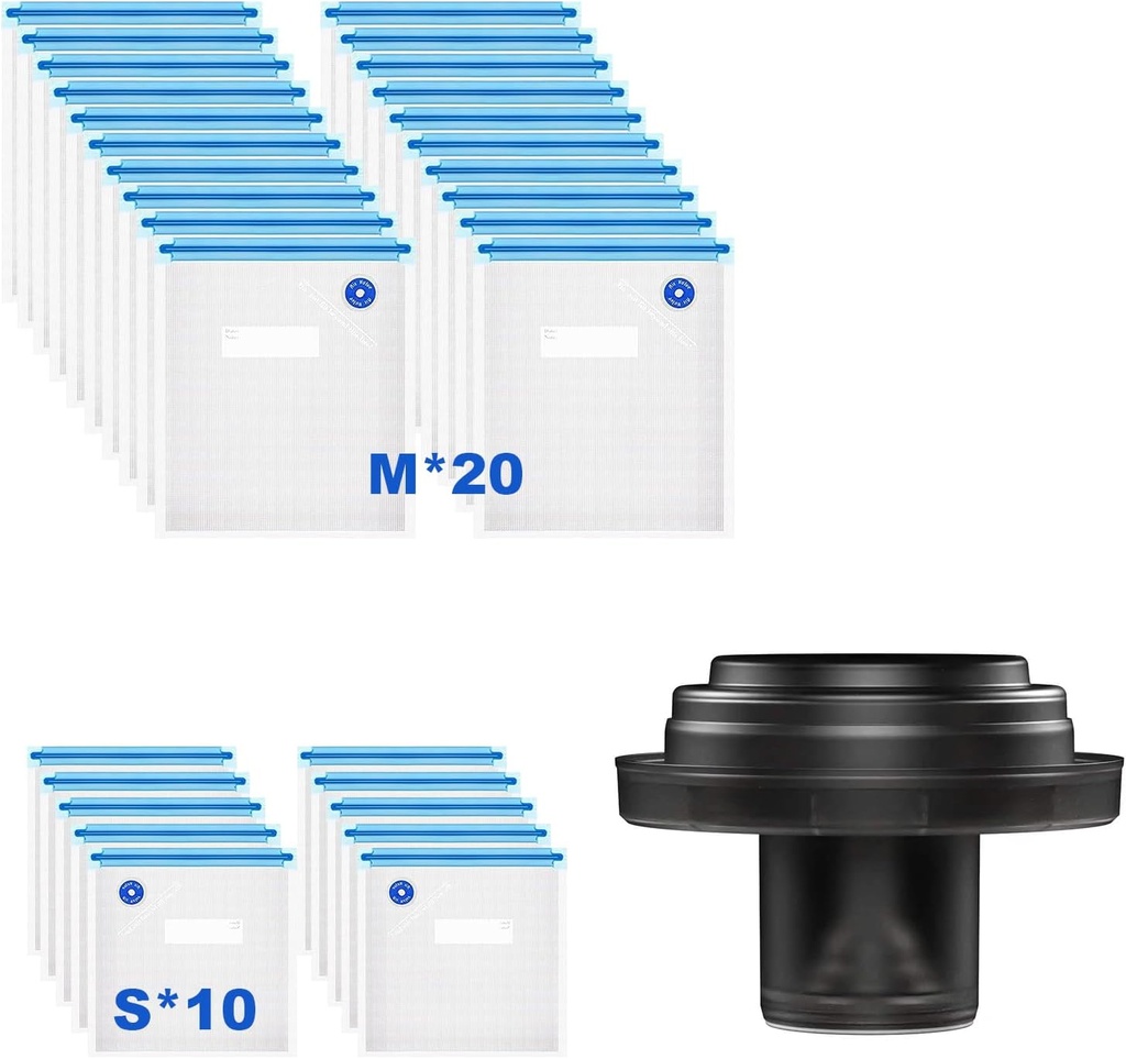 Sous Vide Bags Reusable 37Pcs, BPA Free Vacuum Sealer Bags, Vacuum Food Storage Bags for Cooking/Microwave Heating - 30Pcs Vacuum Zipper Bags 2 Seal Clips/4 Air Valves/Vacuum Sealer Connector