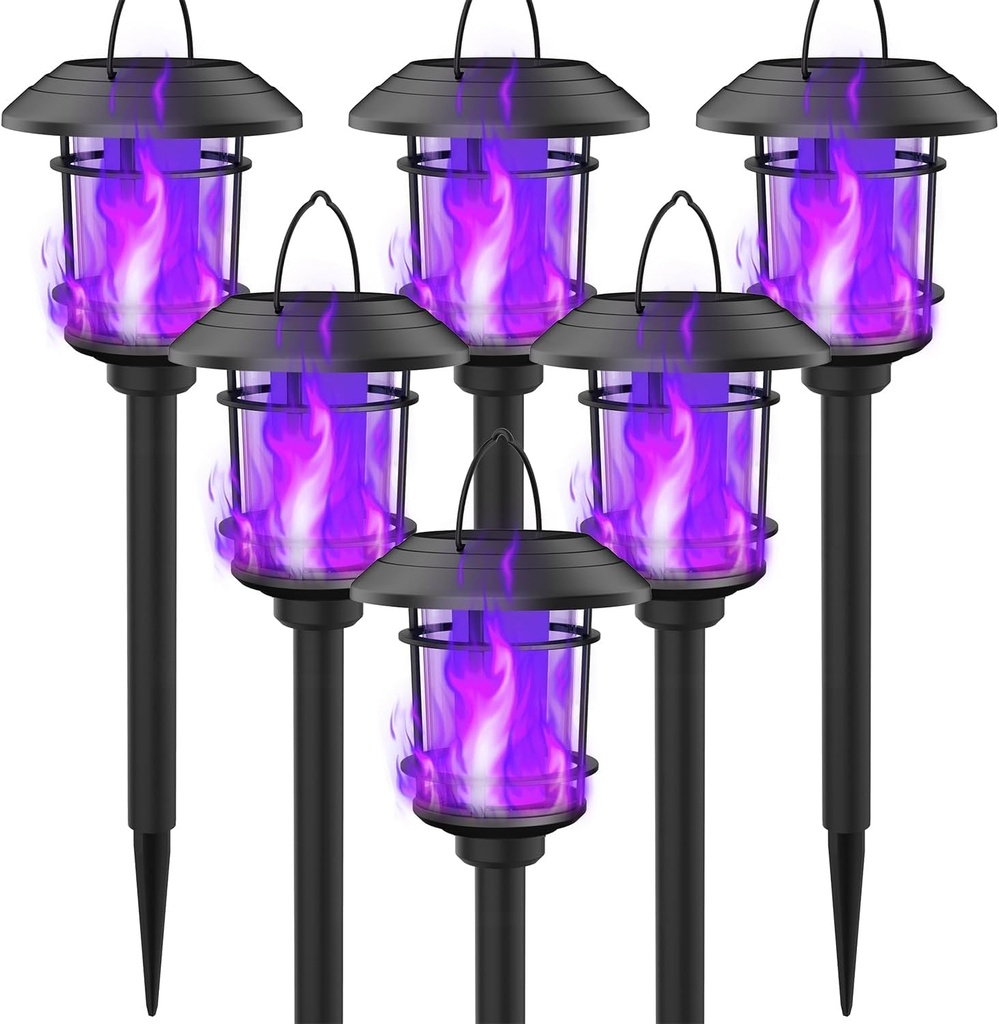 Dynaming 6 Pack Solar Flame Torch Lights Outdoor, Dual Use Flickering Purple Flame Garden Light, Hanging Lantern, Auto On/Off & Waterproof Halloween Lighting for Lawn Patio Yard Walkway Driveway