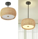 Rattan Pendant Light Kitchen Island,12.8" Hand-woven Modern Semi Flush Mount Ceiling Light Fixture,Boho Woven Lamp Shade Chandelier,Adjustable Farmhouse Hanging Light for Bedroom Bar Hallway