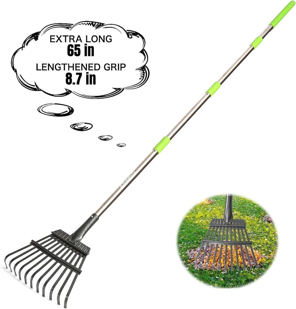 Joyhalo Small Rakes for Leaves, 8.5 Inch Wide Head Leaf Rake with 11 Tines, Metal Garden Rakes with Adjustable Handle from 38.5 to 65 Inch for Gardening, Clippings, Gathering Leaves, Weeds, Debris