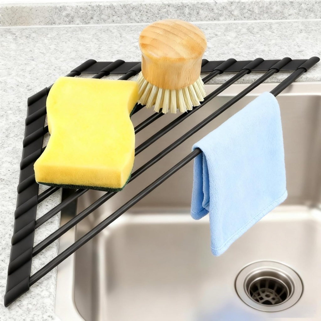 MERRYBOX Triangle Roll Up Dish Drying Rack Over The Sink, 2025 Anti-Rust Sink Drying Rack with Full Silicone Wrapped- Anti-Slip, Space Saving, Durable Organizer for Kitchen