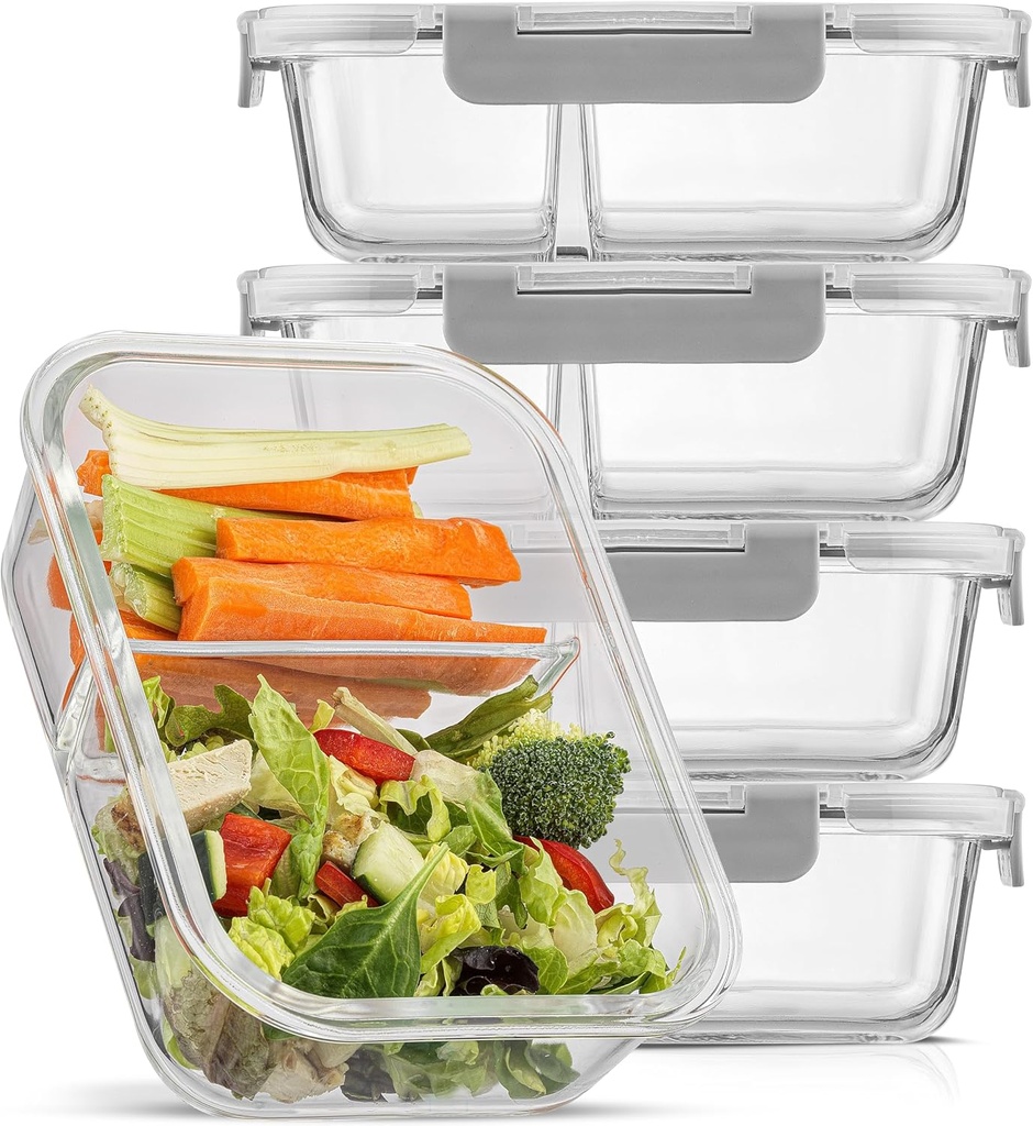 JoyJolt Divided Food Storage Containers with Lids Airtight. 5 Pack Glass Meal Prep Containers 2 Compartment Set Glass Bento Box. Reusable Food Containers, Portion Control Containers for Weight Loss