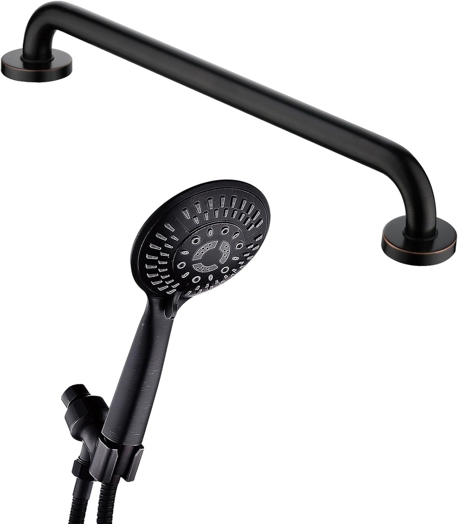 BRIGHT SHOWERS 9 Spray Settings Handheld Shower Head Set High and Matching 24-Inch Stainless Steel Grab Bar for Showers and Bathtubs