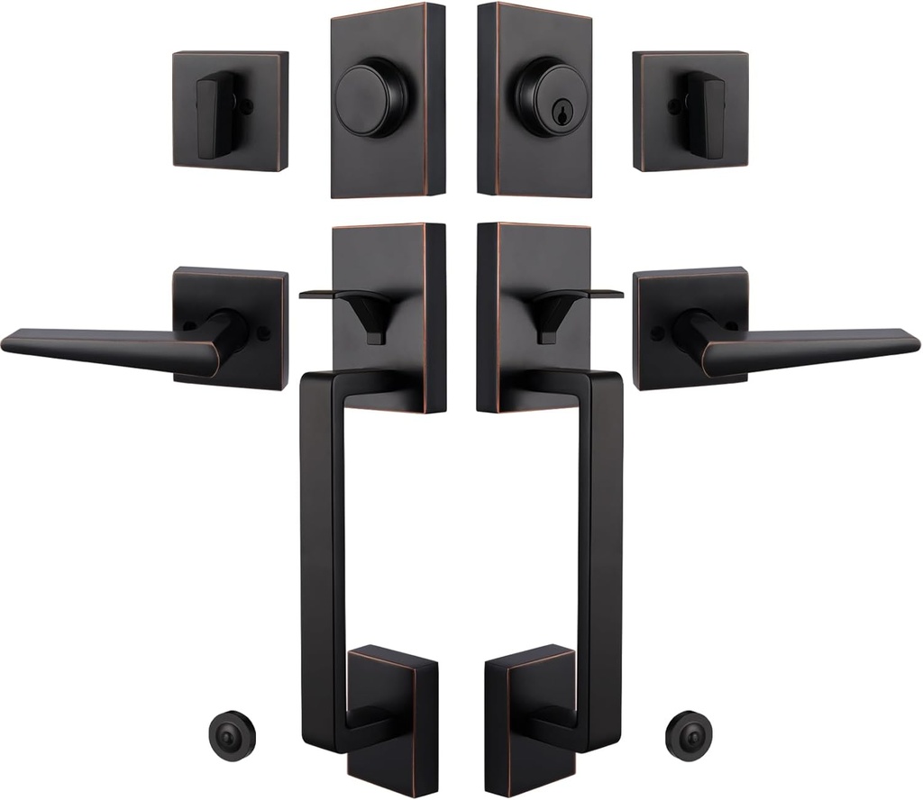 Oil Rubbed Bronze Double French Door Handle Set for Front Door, Exterior Door Lock Set with Deadbolt&Lever, Lower Half Grip, Left&Right Handed