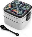 Tropical Leaves Pattern Bento Box Adult Stackable 2 Layers Containers Reusable Leakproof Lunch Containers for Adults Travel 33oz Lunchbox with Spoon Portable Bento Boxes, Microwave Dishwasher Safe