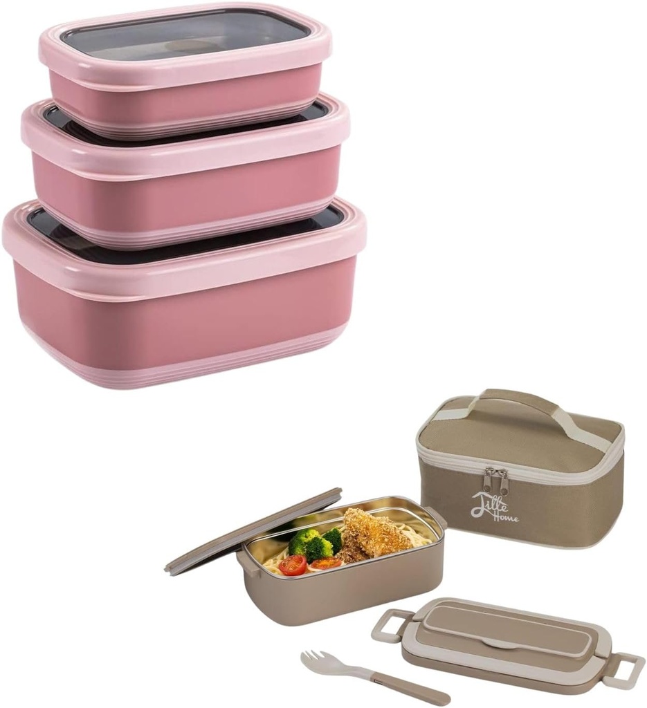 Lille Home Premium Stainless Steel Lunch & Snack Container Set – Bento Box with Insulated Lunch Bag and Utensils + 3 Nesting Leakproof Food Containers – Durable, Portable, and Reusable