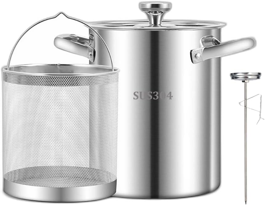 304 Stainless Steel Deep Fryer with Oil Strainer Basket & Thermometer, 169 Oz Deep Fryer Pot Kitchen Tempura Small Deep Frying Pot for Tempura chips, Fries, Fish, and Chicken