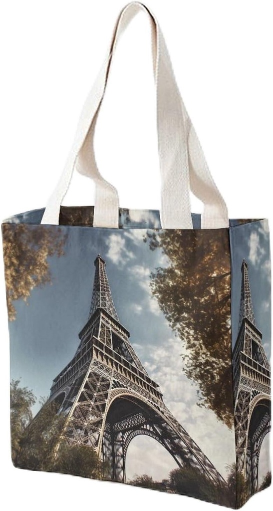 Canvas Tote Bag for Women Reusable Grocery Bag Eiffel Tower Shopping Bags Casual Shoulder Bag Handbag