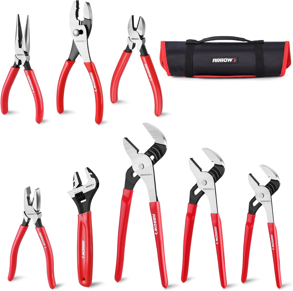 ARROW 8PCS Pliers & Wrench Set, 6" Needle Nose Pliers, 6" Diagonal, 7" Linesman, 8" Slip Joint, 8" & 10" & 12" Groove Joint and CRV 8" Adjustable Wrench, Portable Rolling Bag With Handle